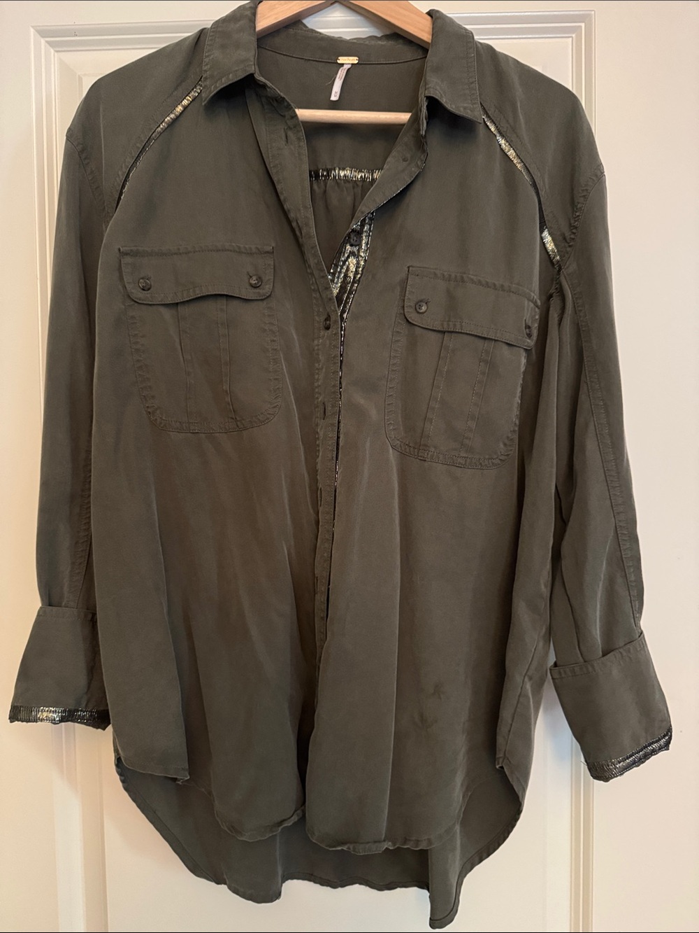 Free People Olive Green Button-Front Utility Shirt